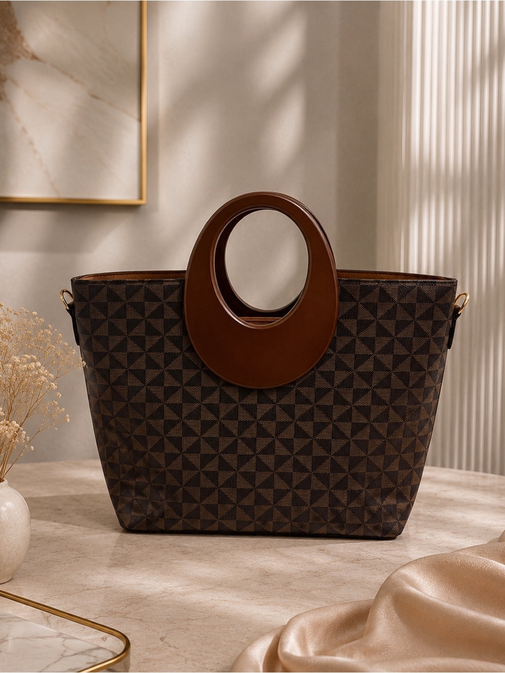 🆕❤️❤️❤️Elegant Geometric Mocha Brown Tote Bag with Circular Wooden Handle
